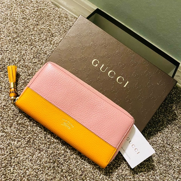 EUC GUCCI LE Japan Exclusive Two Tone Pink & Orange Leather Bamboo Long Wallet - Picture 11 of 16